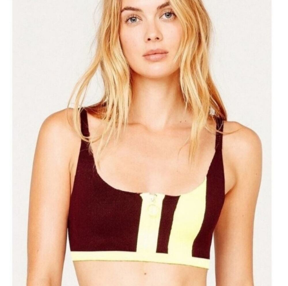 For Love & Lemons Harley Knit Crop Top Maroon Neon Green Zipper NWT Size Large
